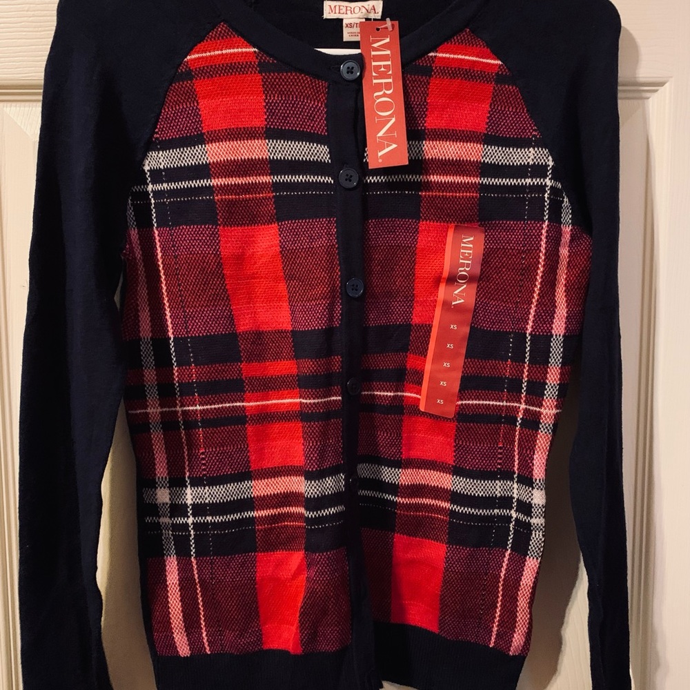 Merona plaid button front cardigan. Size XS NWT